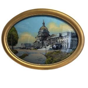 Antique U.S. Capitol Building Washington D.C. Reverse Painting Convex Glass Oval